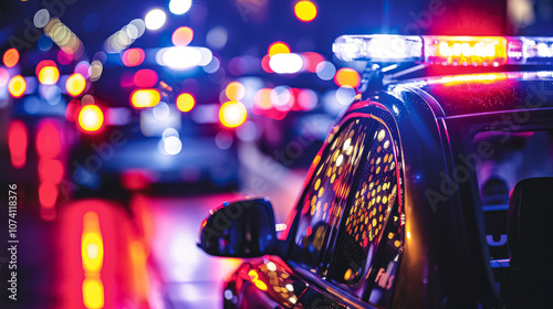 Police car is parked on a street with a bright light on the top