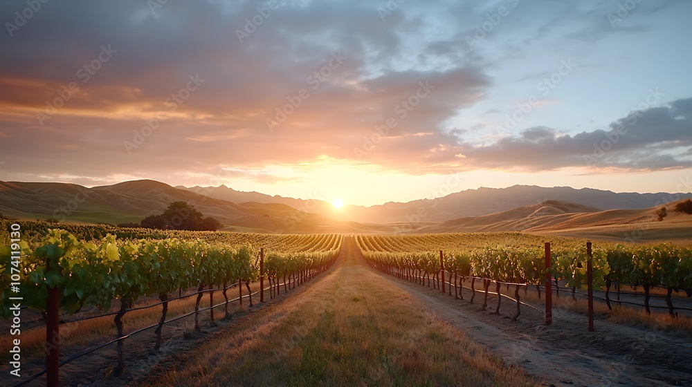 Discover the breathtaking beauty of vineyards at sunset in a picturesque landscape Discover the breathtaking beauty of vineyards at sunset in a picturesque landscape