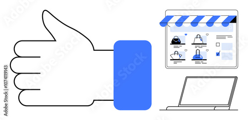 Thumbs up next to an online storefront with various products on display and a laptop. Ideal for e-commerce, online shopping, digital marketing, website design, customer feedback, business reviews