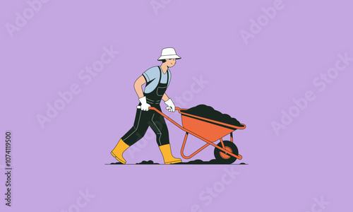 Gardener pushing a wheelbarrow filled with soil, working.