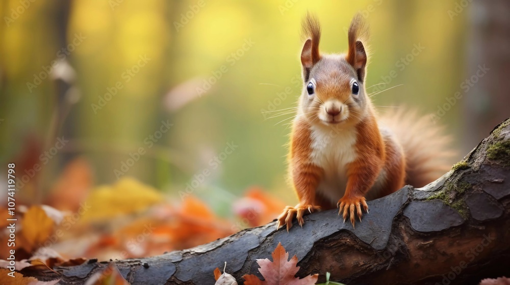 A curious squirrel perched on a log amidst colorful autumn leaves in a serene forest setting. A curious squirrel perched on a log amidst colorful autumn leaves in a serene forest setting.