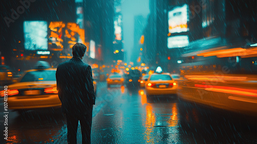 a businessman standing in the street, yellow taxi cabs passing by, motion blur, city lights
