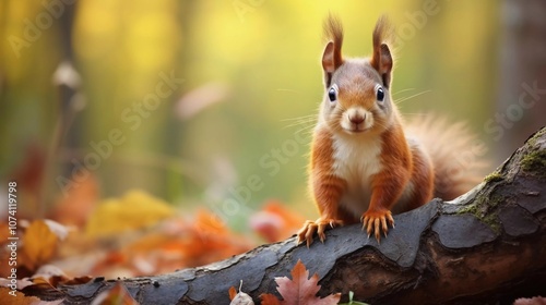 A curious squirrel perched on a log amidst colorful autumn leaves in a serene forest setting.