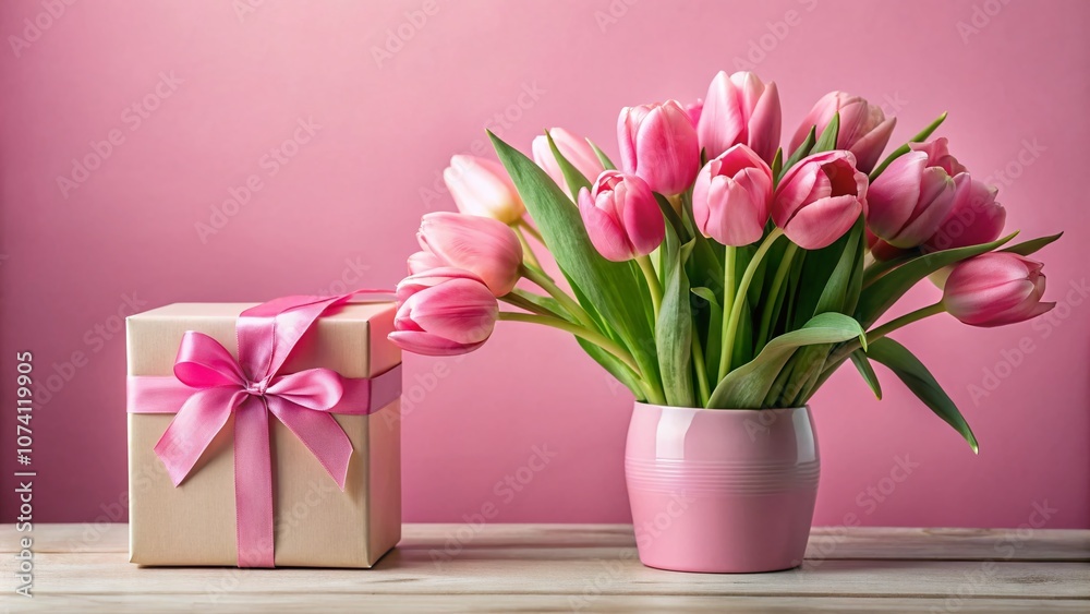 Minimalist Arrangement of Pink Tulips and a Delicate Gift Box on a Soft Pink Background Perfect for Celebrations, Gifts, or Floral Themed Decor Minimalist Arrangement of Pink Tulips and a Delicate Gift Box on a Soft Pink Background Perfect for Celebrations, Gifts, or Floral Themed Decor