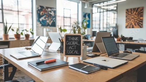 Modern office workspace designed for collaboration, featuring phrase "Think Global, Act Local." Business strategy concept