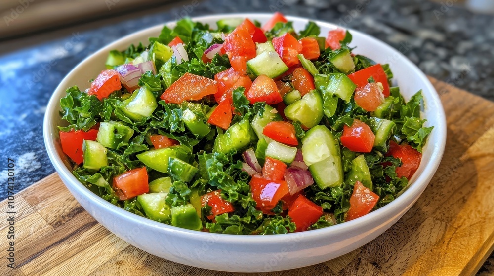 A vibrant kale salad featuring fresh tomatoes and cucumbers, served in a white bowl on a wooden board, perfect for healthy eating. A vibrant kale salad featuring fresh tomatoes and cucumbers, served in a white bowl on a wooden board, perfect for healthy eating.