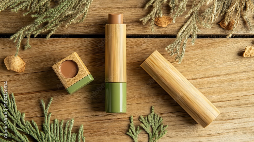Obraz premium Eco-Friendly Lip Care in Bamboo Packaging on Rustic Wooden Surface with Green Accents