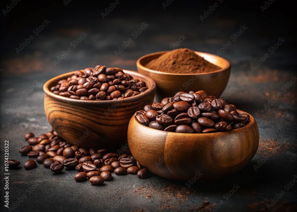 Fototapeta premium Minimalist Coffee Still Life: Whole Beans and Ground Coffee in Wooden Bowls on a Dark Surface