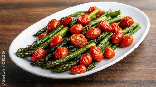 A vibrant plate of roasted asparagus and cherry tomatoes, showcasing a healthy and colorful dish perfect for any meal.