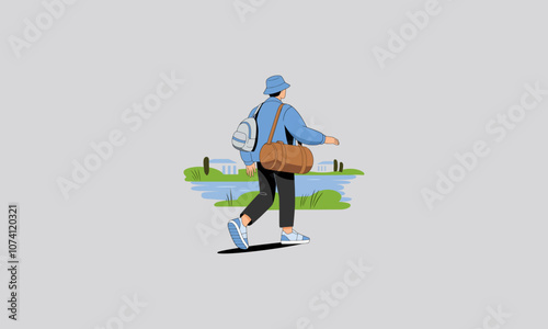 Traveler walking by a lake with bags, enjoying nature.