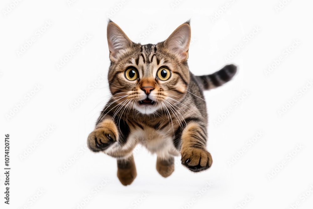 Fototapeta premium funny cat flying. photo of a playful tabby cat jumping mid-air on the grass looking at camera. background with copy space