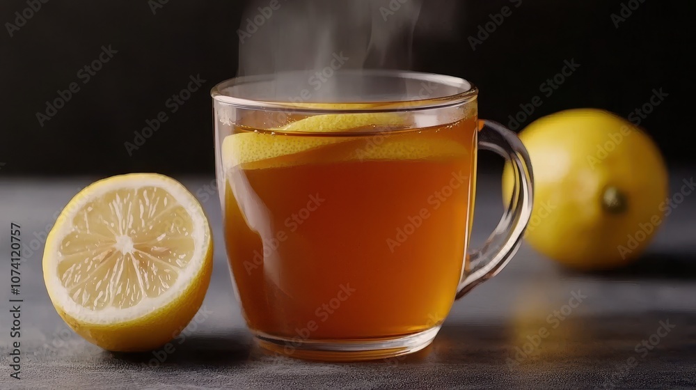 A steaming cup of tea with lemon slices, accompanied by a halved lemon, set against a dark background, creating a warm and inviting atmosphere. A steaming cup of tea with lemon slices, accompanied by a halved lemon, set against a dark background, creating a warm and inviting atmosphere.