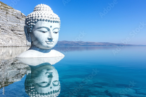 a serene lake with a Buddha statue reflected in the still waters. photo