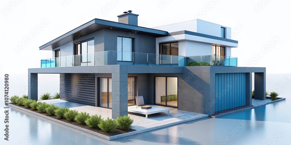 Fototapeta premium Minimalistic Flat Home Representation in Soft Blue and Dark Gray on Crisp White Background for Modern Interior Design Concepts and Visual Aesthetics