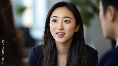 Chinese business woman talking to colleagues at a meeting or job interview