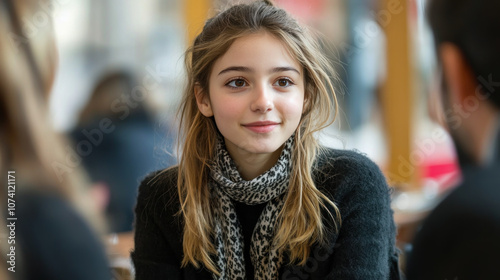 French business woman talking to colleagues at a meeting or job interview