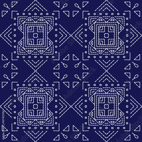 stitch Japanese Sashiko pattern embroidery abstract seamless geometric ornaments white stitch line artwork indigo blue background fashion design template decoration hand drawn printed needlework quilt