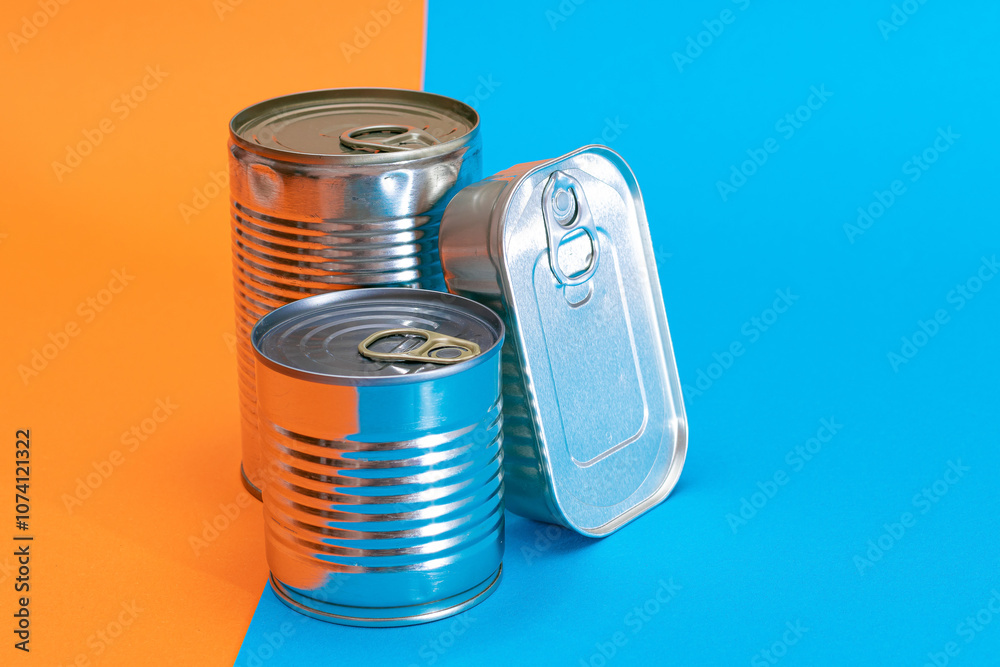 A Group of Stacked Tin Cans with Blank Edges on Split Blue and Orange Background. Canned Food. Different Aluminum Cans for Safe and Long Term Storage of Food. Steel Sealed Food Storage Containers A Group of Stacked Tin Cans with Blank Edges on Split Blue and Orange Background. Canned Food. Different Aluminum Cans for Safe and Long Term Storage of Food. Steel Sealed Food Storage Containers