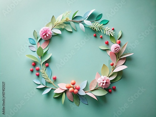 Minimalist Pastel-Colored Paper Art Holiday Wreath with Delicate Leaves and Berries on a Clear Background for Seasonal Decor, Perfect for Text Addition and Holiday Greetings