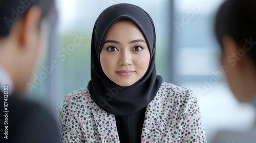 Malay business woman talking to colleagues at a meeting or job interview