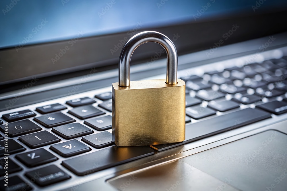 Minimalist Representation of Cyber Security with a Padlock on a Laptop Keyboard Emphasizing Digital Safety and Protection in the Modern Tech World Minimalist Representation of Cyber Security with a Padlock on a Laptop Keyboard Emphasizing Digital Safety and Protection in the Modern Tech World