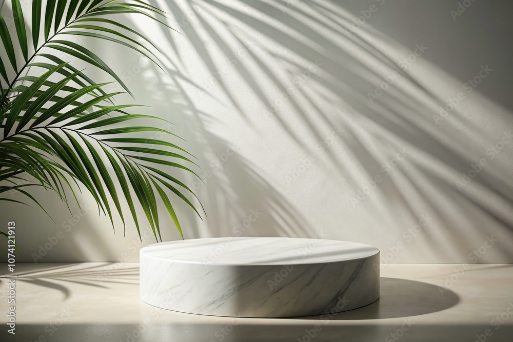 Minimalist Round Marble Podium Casting Palm Leaf Shadows in Soft Natural Light for Modern Aesthetic Photography Minimalist Round Marble Podium Casting Palm Leaf Shadows in Soft Natural Light for Modern Aesthetic Photography