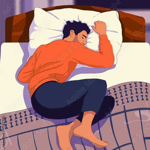 Man sleeping peacefully with pillow, wearing cozy clothes.