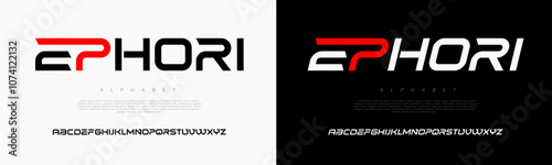 Ephori creative modern geometric urban alphabet font. Digital abstract futuristic, game, techno, robot, music, logo, sport, minimal technology typography. Simple numeric vector illustration