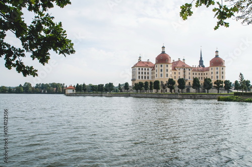 Moritzburg castle with the park and lake in summer