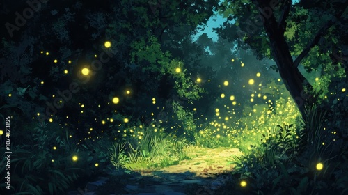 Enchanted Forest Path Lit by Fireflies