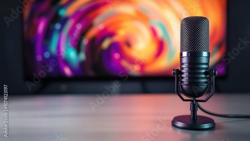 A black microphone on a stand in front of a TV with colorful abstract patterns.

