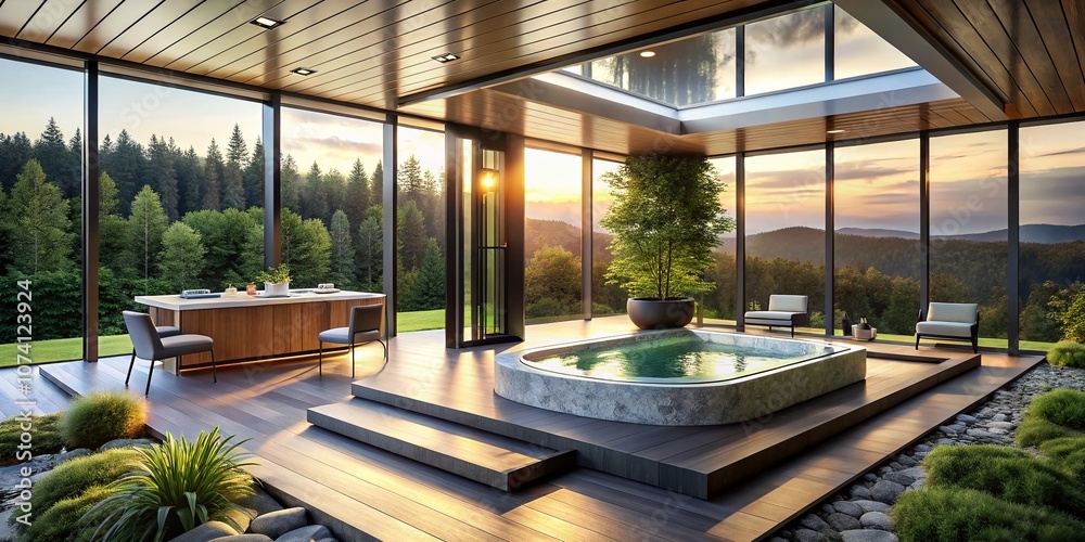 Fototapeta premium Modern High-Tech Spa Featuring a Luxurious Jacuzzi, Sleek Surfaces, and Striking Architecture, Ideal for Relaxation and Wellness Retreats Amidst a Serene Landscape