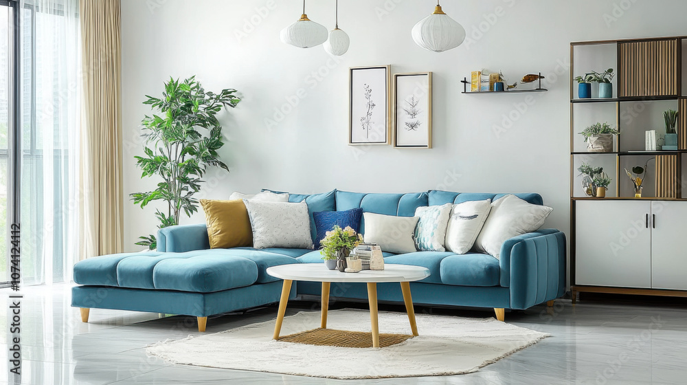 living room with blue sofa Interior of modern style living room with blue sofa Interior of modern style