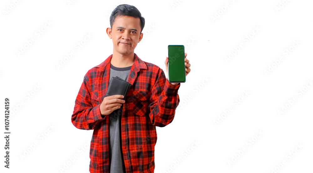 Asian man smiling holding wallet and showing blank screen mobile phone.isolated on white background Asian man smiling holding wallet and showing blank screen mobile phone.isolated on white background