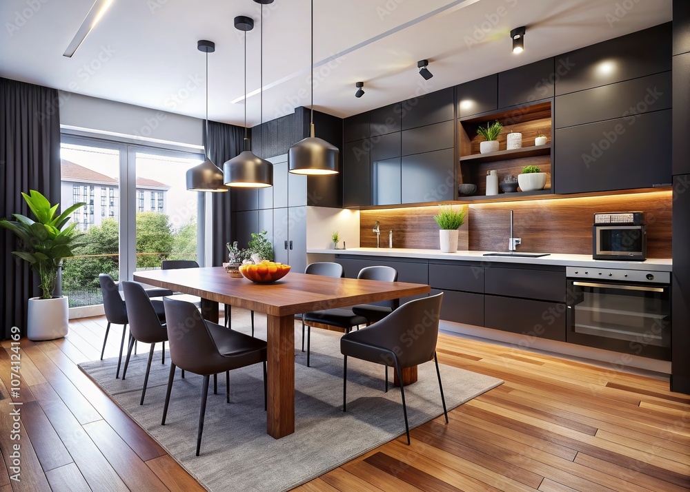 Modern Kitchen and Dining Area with Elegant Wood Flooring, White Walls, and Sleek Black Cabinets in a Contemporary Apartment Setting, Captured in a Beautiful Long Exposure Style Modern Kitchen and Dining Area with Elegant Wood Flooring, White Walls, and Sleek Black Cabinets in a Contemporary Apartment Setting, Captured in a Beautiful Long Exposure Style