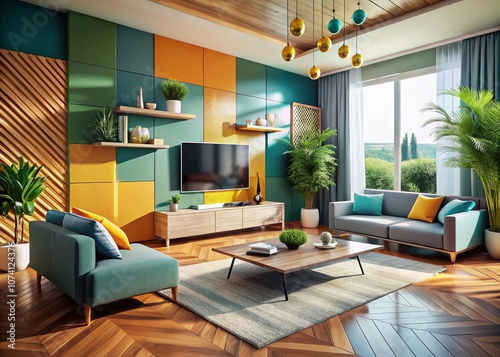 Modern Living Room with Two-Tone Color Wall and TV Cabinet in Aerial Perspective - 3D Rendered Interior Design Showcase