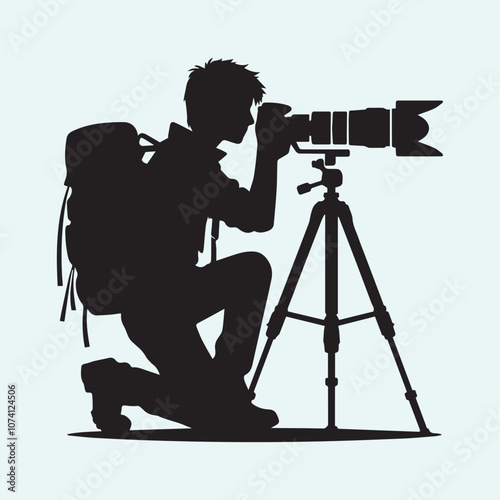 cameraman or videographer in action silhouette vector black and white