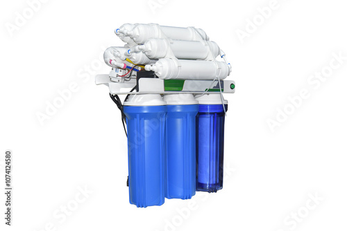 Reverse osmosis water purification system at home. Installed water purification filters. Clear water concept