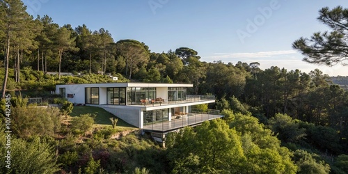 Modern Minimalist House Surrounded by Nature: A Conceptual Real Estate Logo Design Featuring Clean Lines, Greenery, and a Serene Atmosphere Ideal for Real Estate Branding