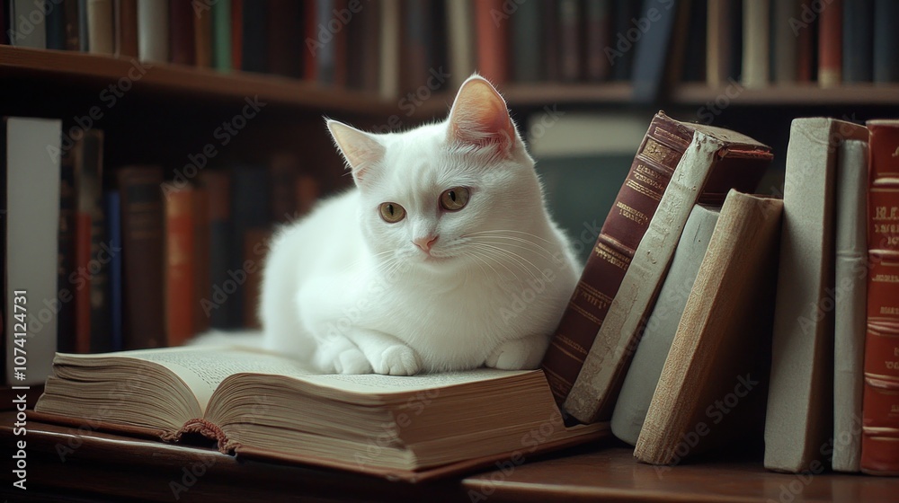 A White Cat Resting on a Book in a Library Setting A White Cat Resting on a Book in a Library Setting