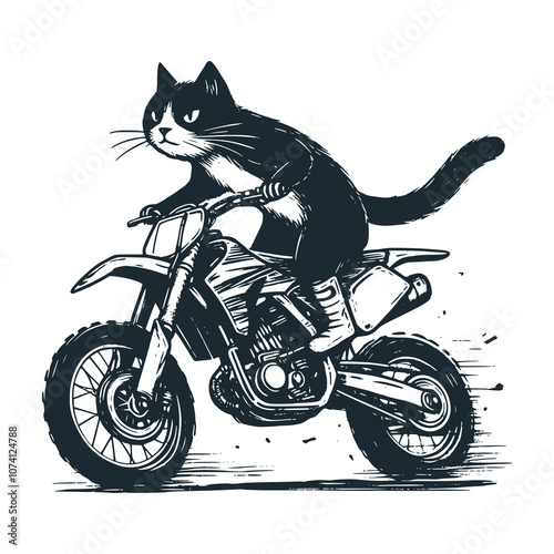 Cat riding trail. Black white vector illustration.