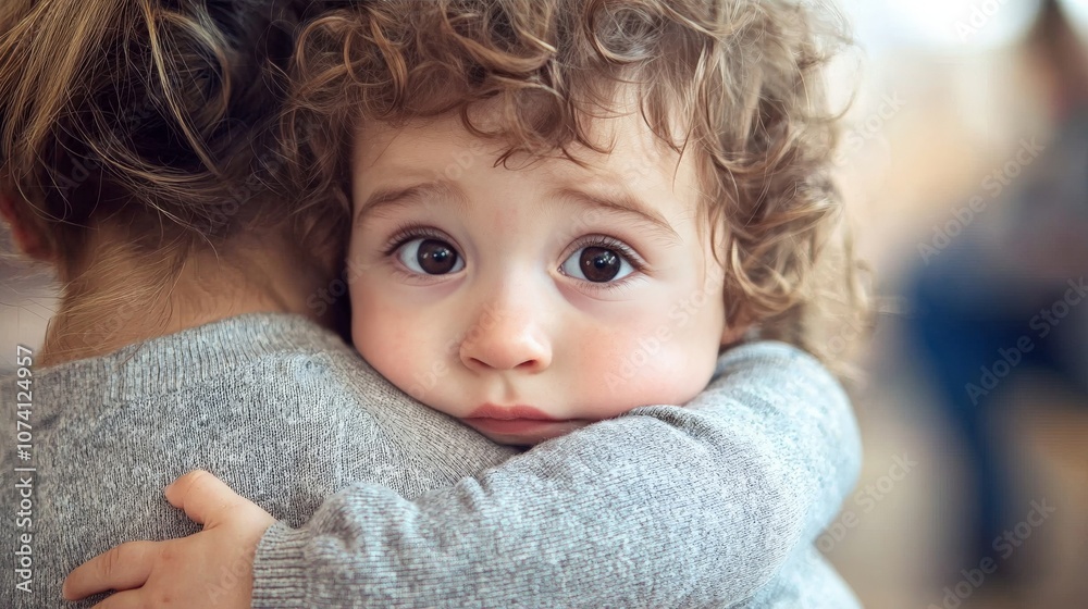A toddler clinging to their caregiver, showing signs of separation anxiety and attachment bonds A toddler clinging to their caregiver, showing signs of separation anxiety and attachment bonds
