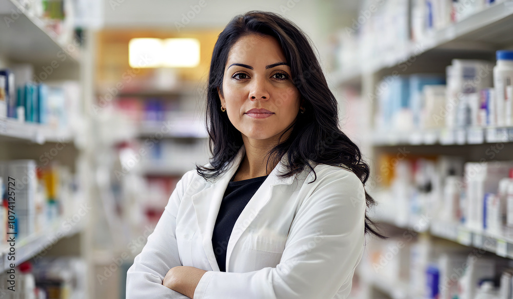 Young female pharmacist in pharmacy looking at camera