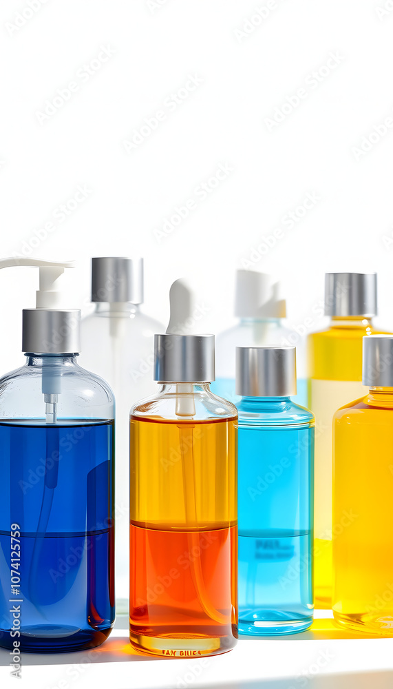 Set of cosmetic oils bottles isolated with white highlights, png Set of cosmetic oils bottles isolated with white highlights, png