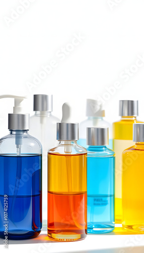 Set of cosmetic oils bottles isolated with white highlights, png