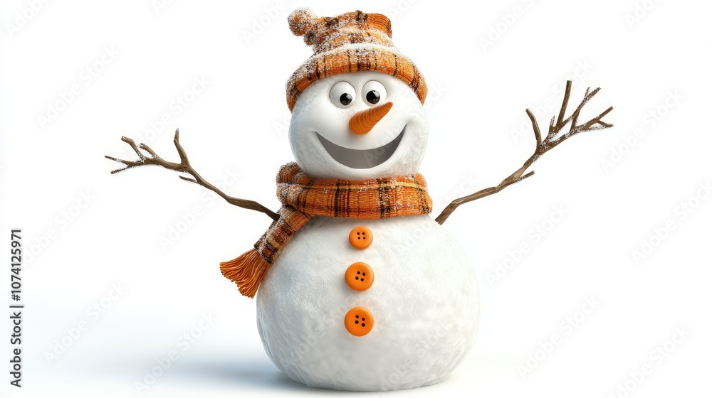 Cheerful Snowman with Hat and Scarf in Winter Scene Cheerful Snowman with Hat and Scarf in Winter Scene