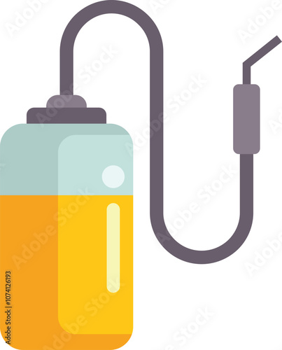 Garden sprayer with a hose filled with yellow liquid insecticide for eliminating pests