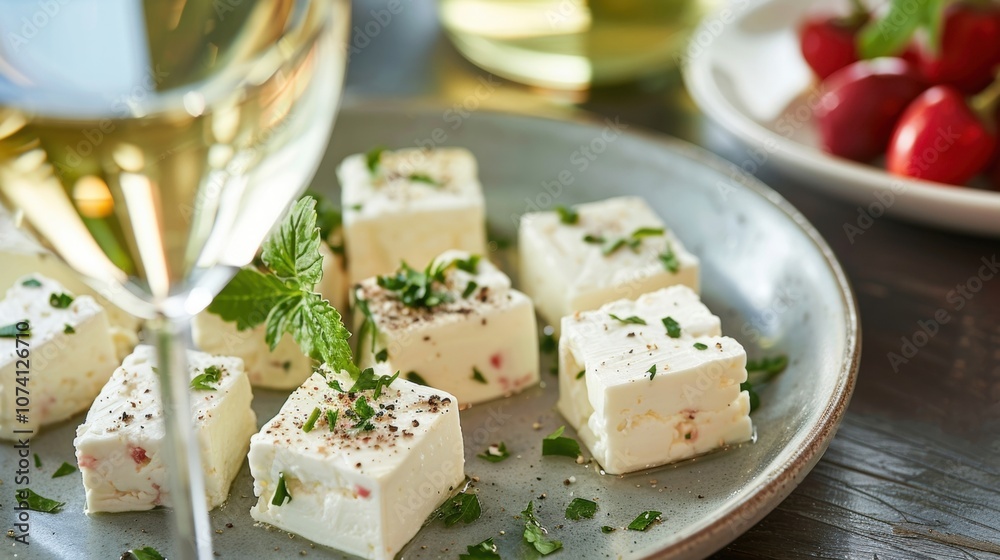 A plate of soft tangy feta cheese is paired with a crisp fruity white nonalcoholic wine creating the perfect balance of flavors. A plate of soft tangy feta cheese is paired with a crisp fruity white nonalcoholic wine creating the perfect balance of flavors.