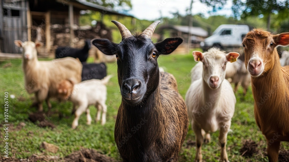 Fototapeta premium Curious Goat In A Field of Farm Animals