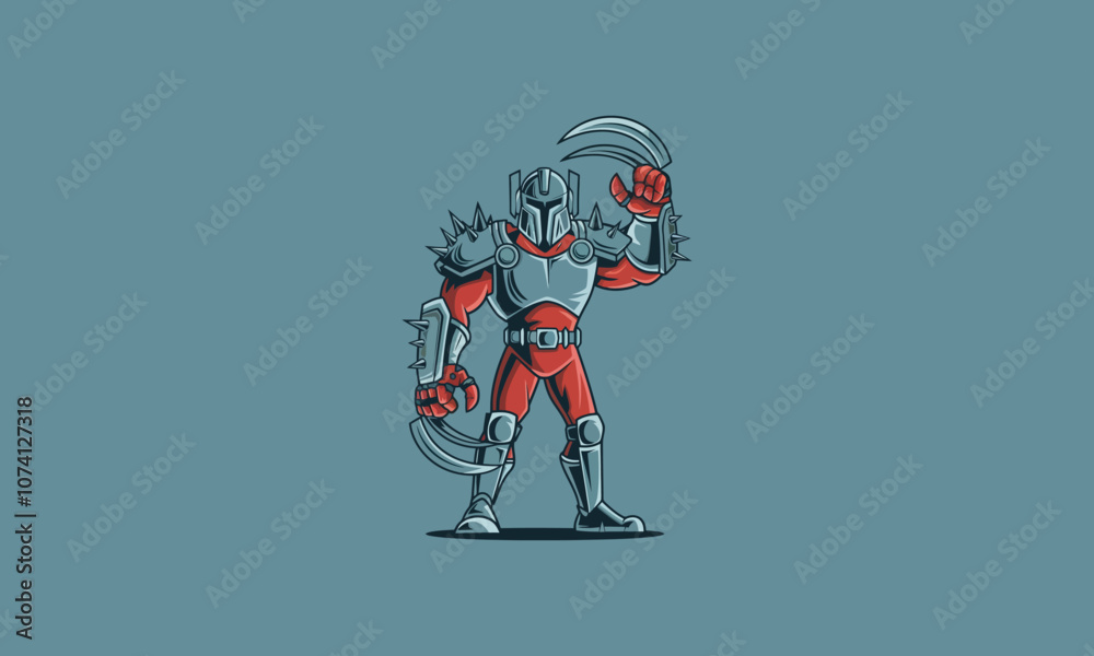 Fototapeta premium Armored warrior with spiked suit and claw weapon, battle-ready.